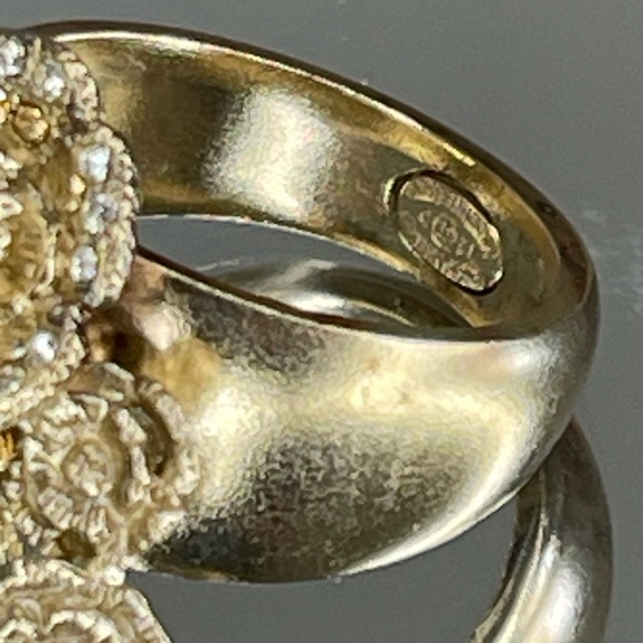 CHANEL Camellia CC Logo Rhinestone Gold Tone Ring Size 6 - Picture 7 of 14